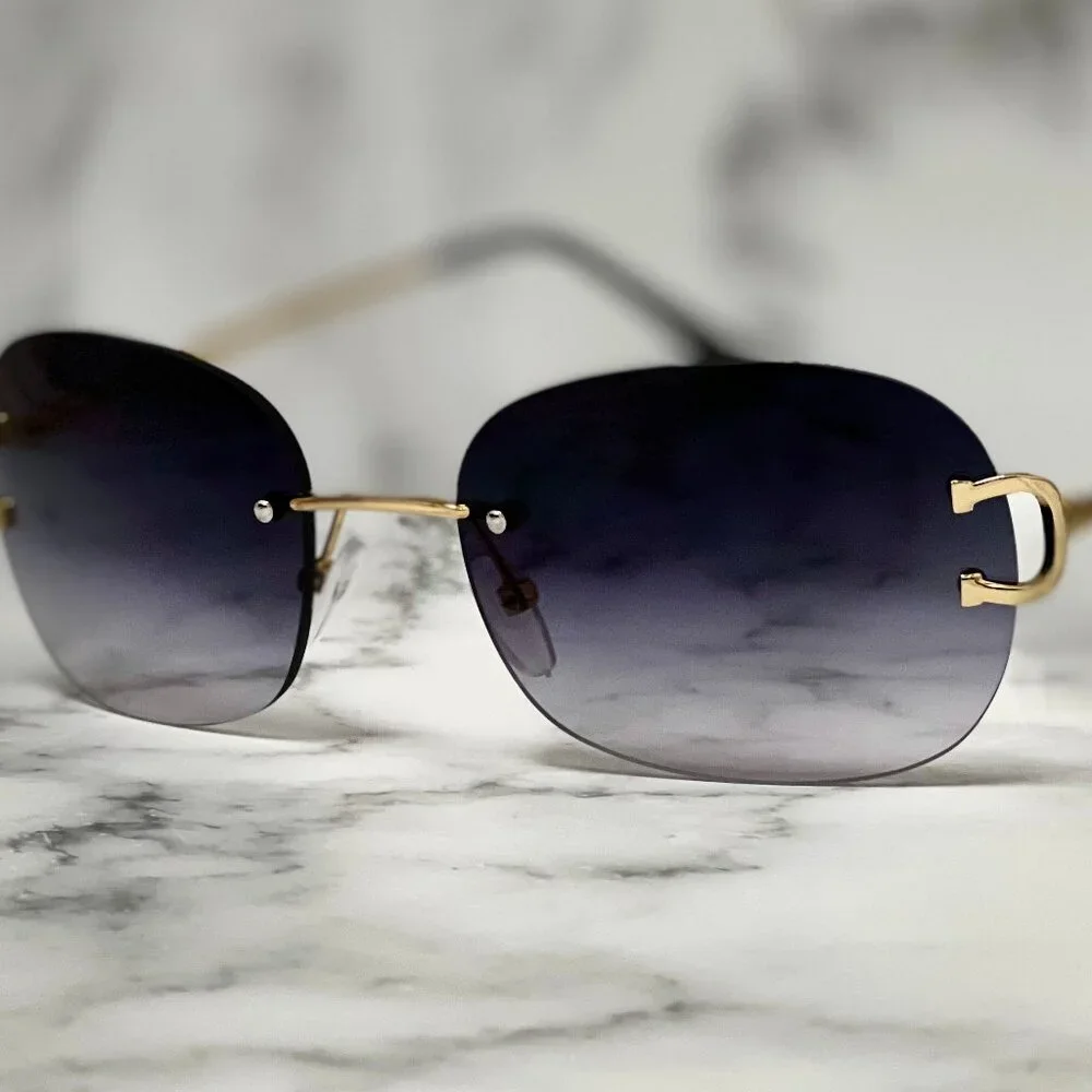 Men Sunglasses Hip Hop Shades Metal Gold Rimless Black Lens Outdoor Street Wear‎